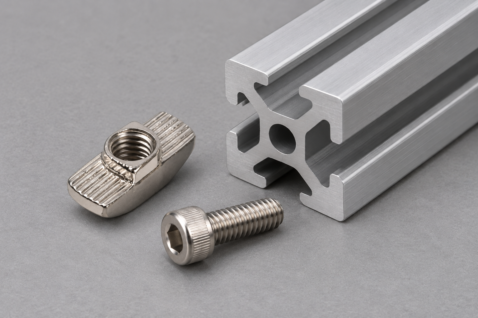 AI-generated orientation view based on Qiyi real hammer nut reference beside a 2020 V-slot extrusion