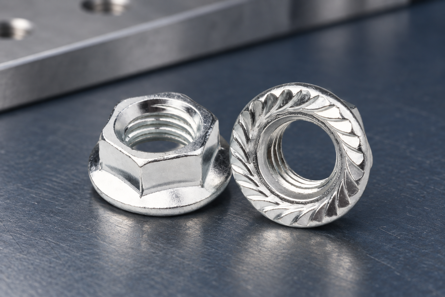 Generic Qiyi flange nuts on a dark blue-gray inspection surface for visual reference