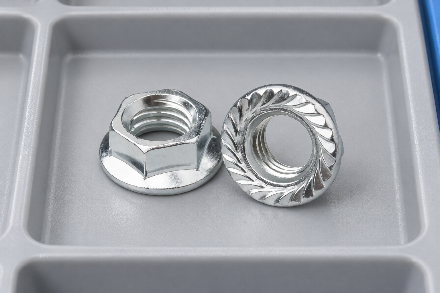 Generic Qiyi flange nuts in a compartmented inspection tray for receiving review