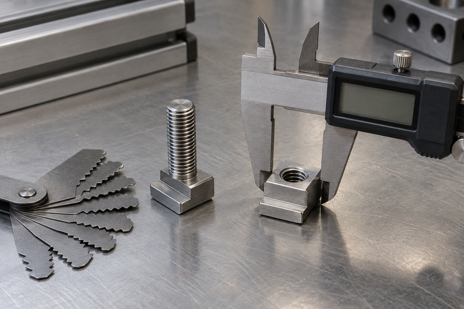 Top and side measurements of a T-slot nut with a bolt thread gauge