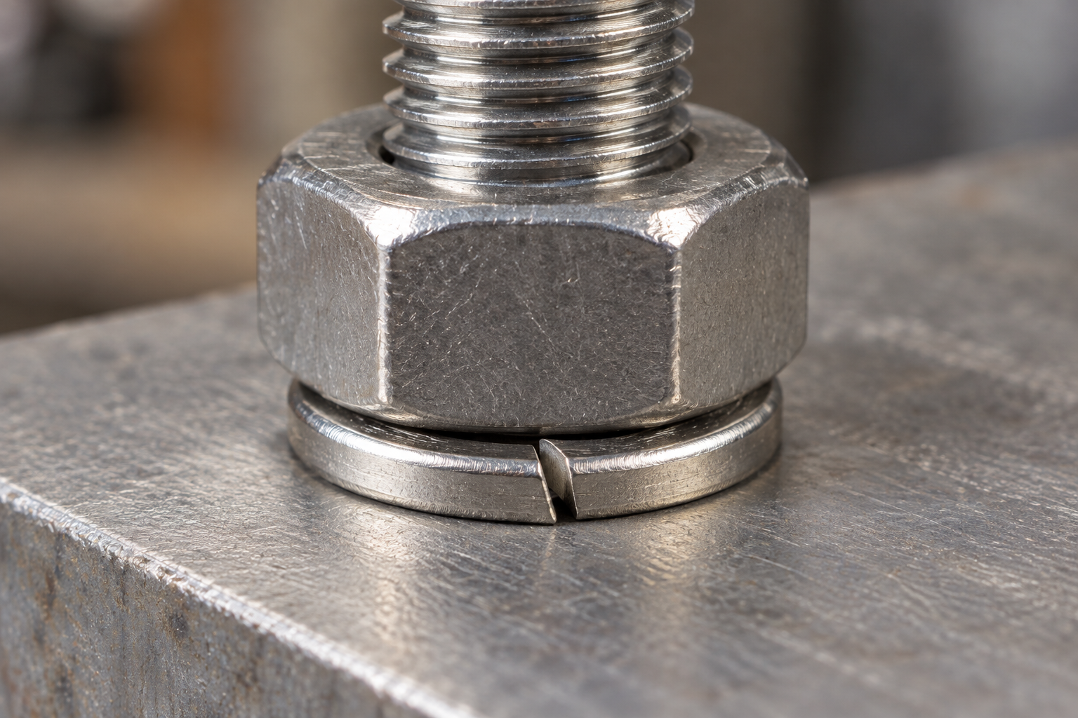 AI-generated close view based on Qiyi real spring washer reference seated under a hex nut