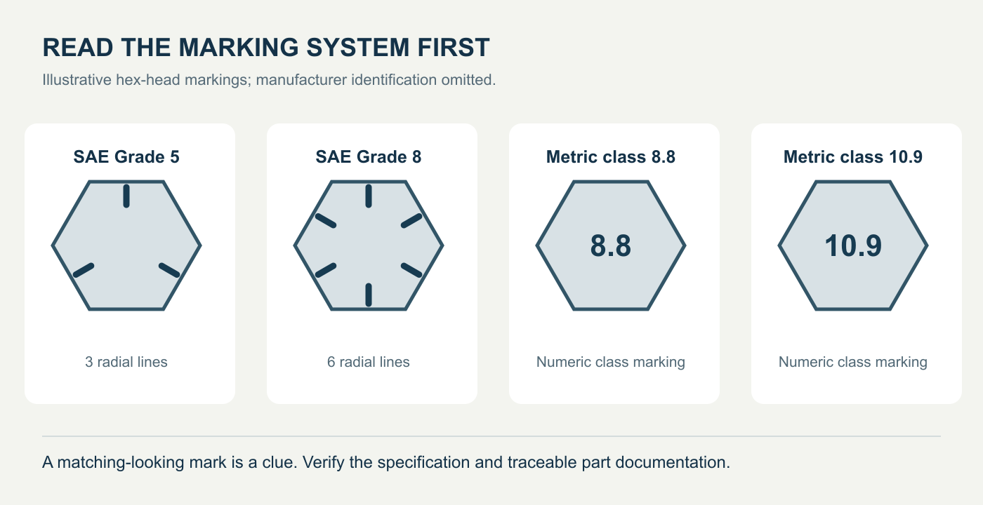 SAE Grade 5 has three radial lines, Grade 8 six, while metric classes use 8.8 and 10.9 markings