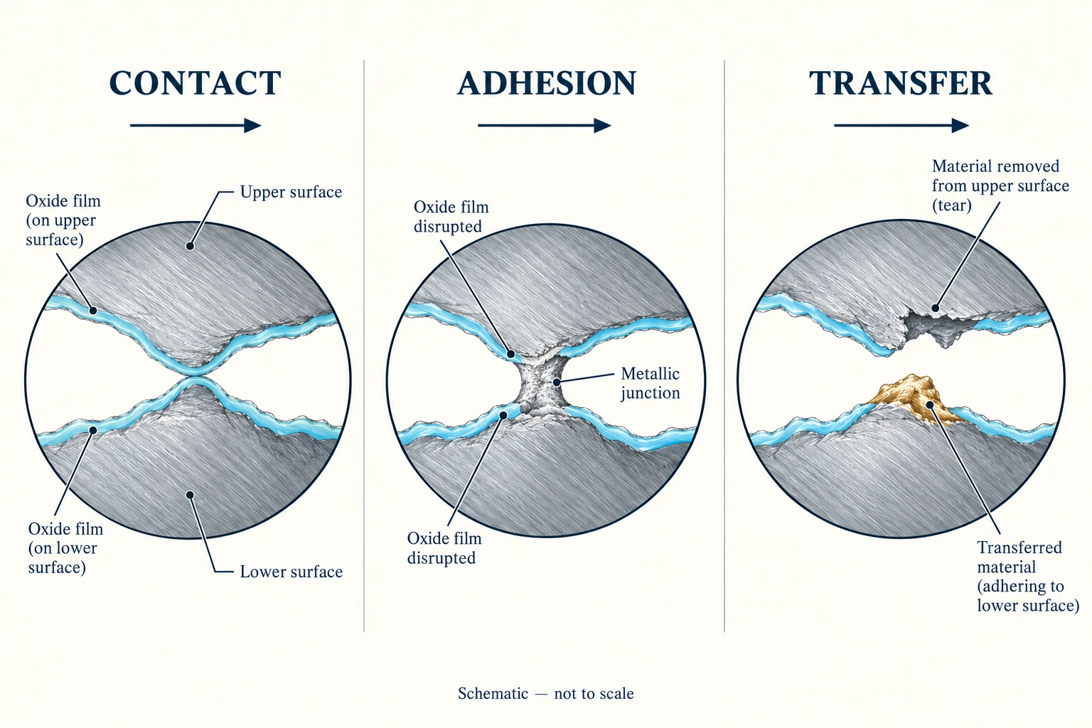 Schematic of surface contact, local adhesion and transferred metal during galling