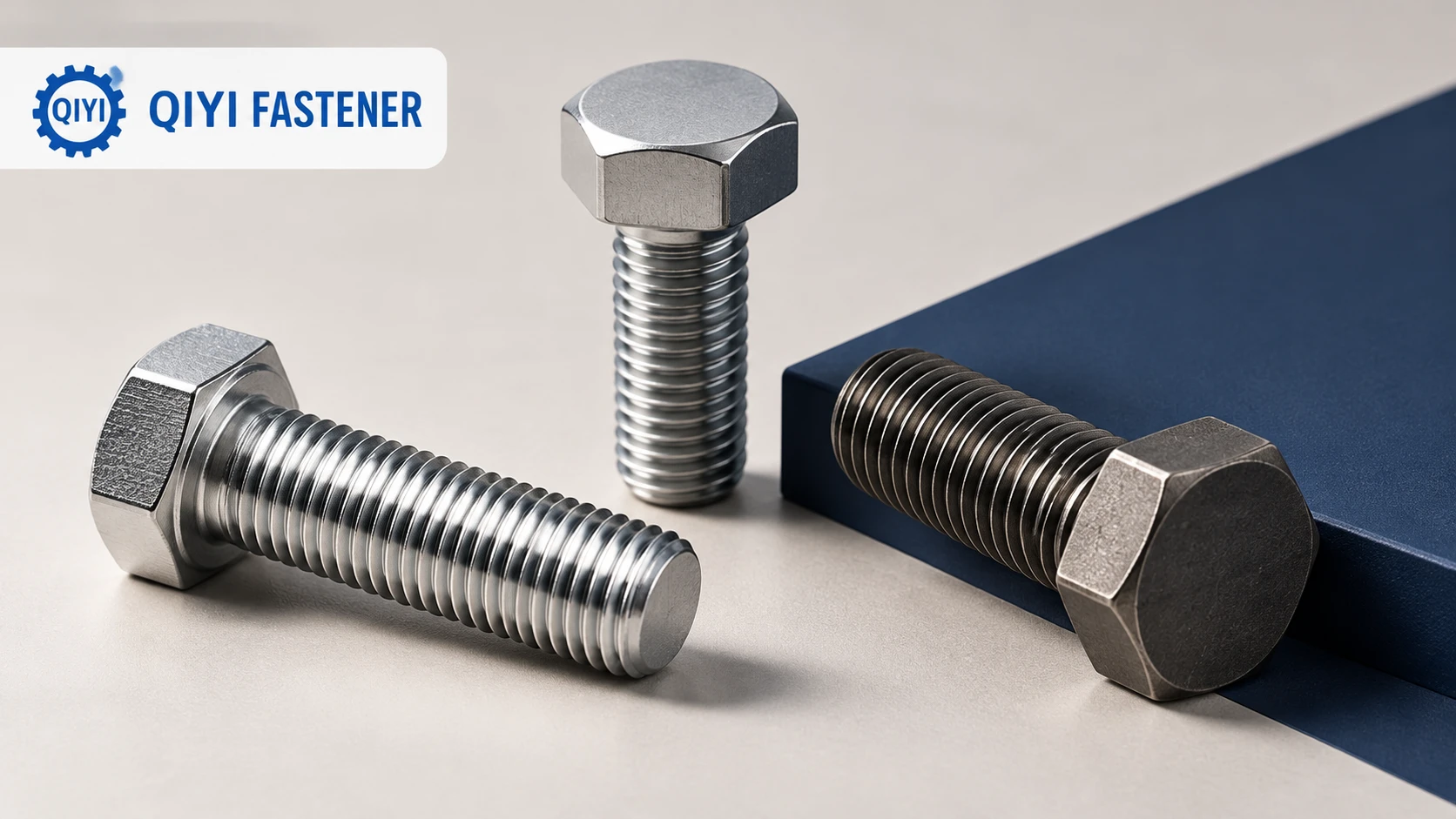 QIYI branded conceptual still-life of three unmarked hex-head steel bolts