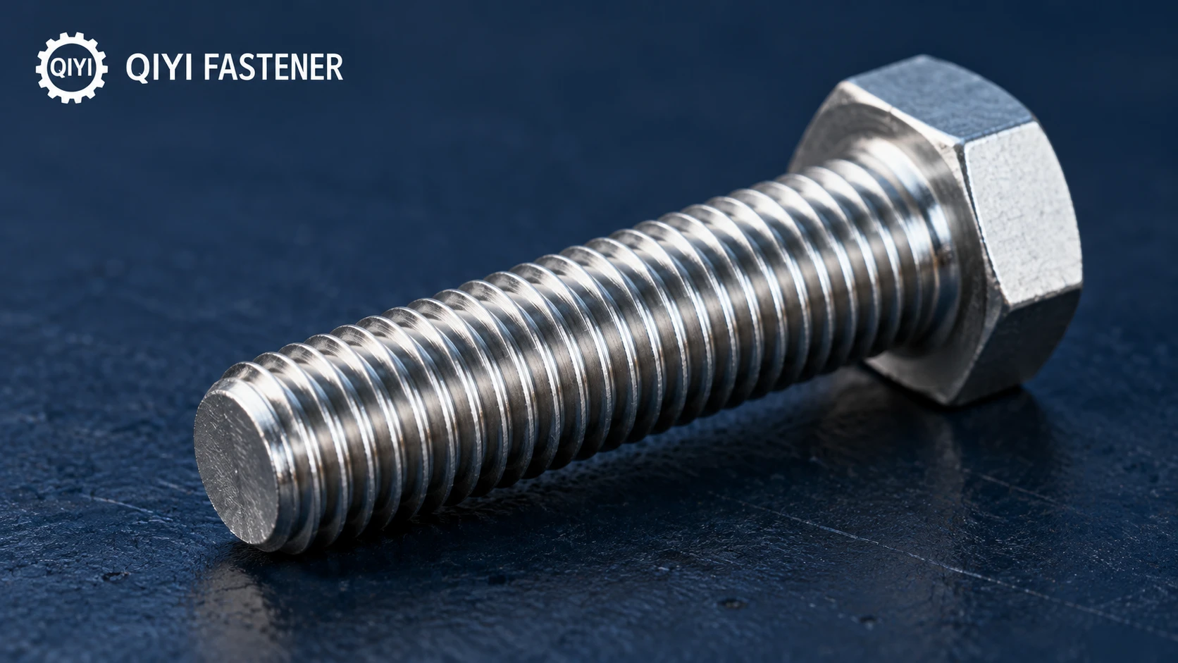 QIYI branded conceptual macro illustration of a threaded steel bolt