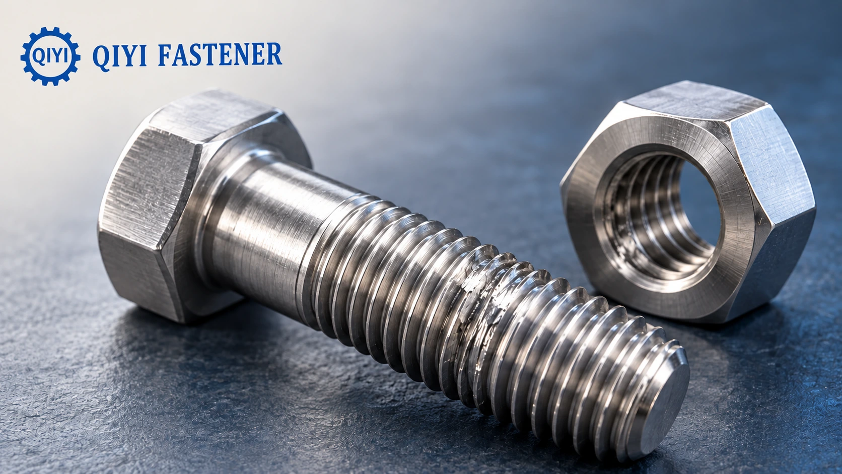 Illustrative bolt and nut with damaged threads and a QIYI wordmark
