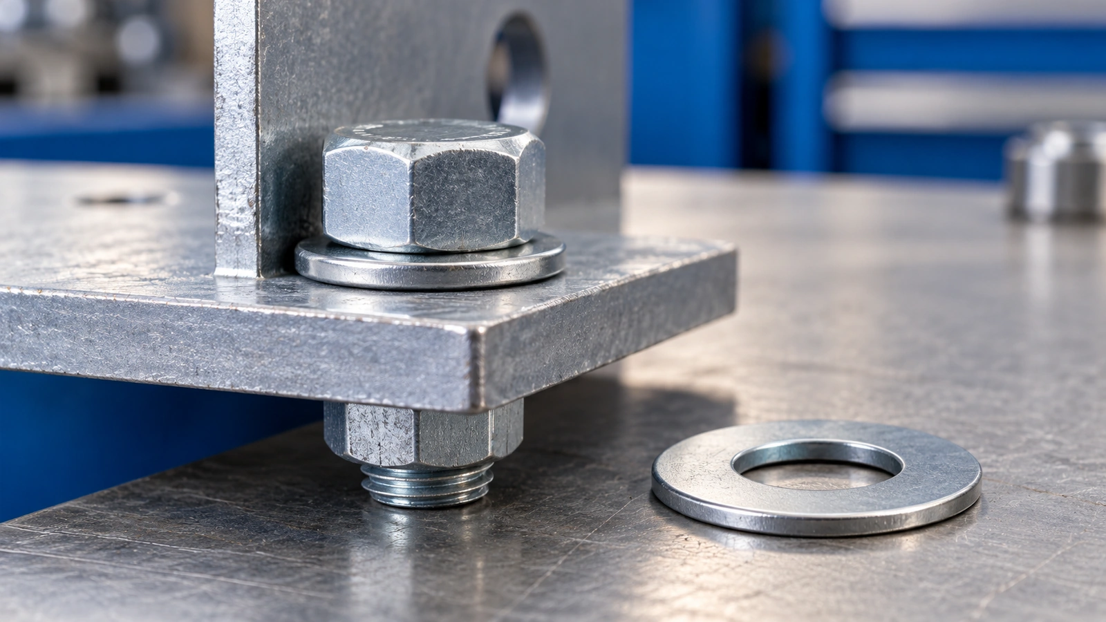 Generic plain flat washers in a supported bracket assembly, showing a seated bearing face and thin edge.
