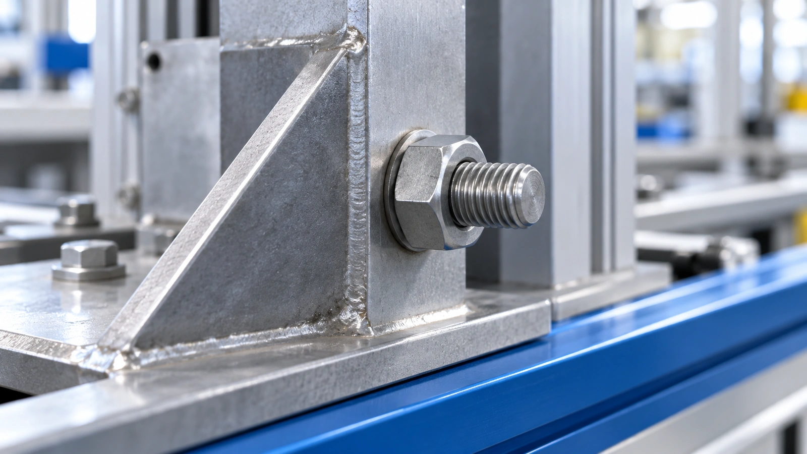 Generic plain hex nut assembled on a threaded bolt in a supported steel bracket joint.