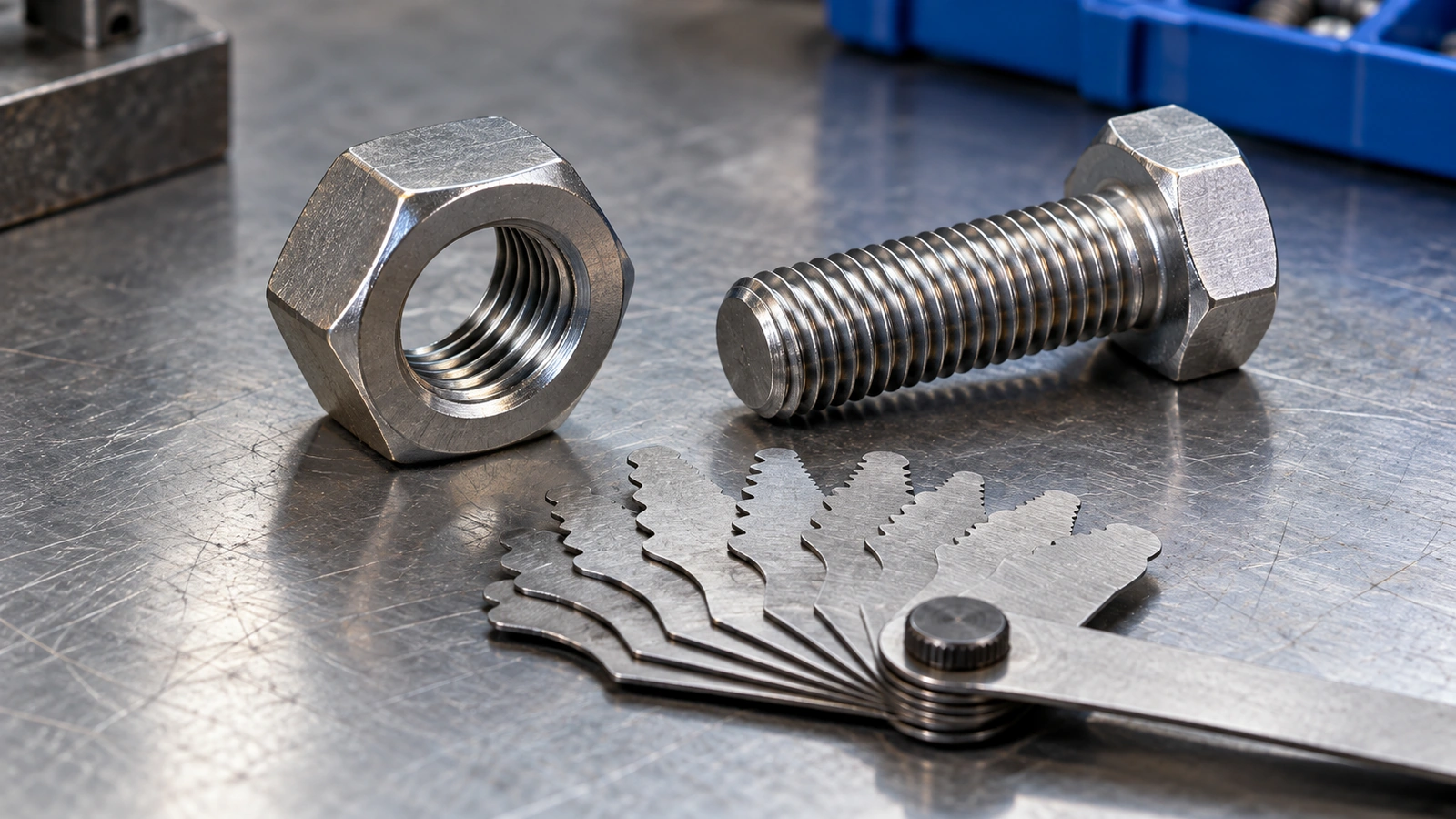 Generic plain hex nut and mating external thread on an inspection surface with an unreadable pitch gauge nearby.