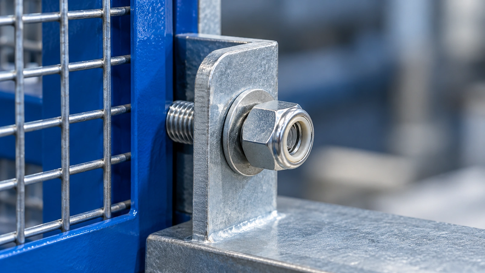 Generic nylon-insert hex lock nut installed on a through-bolt at a supported equipment bracket.