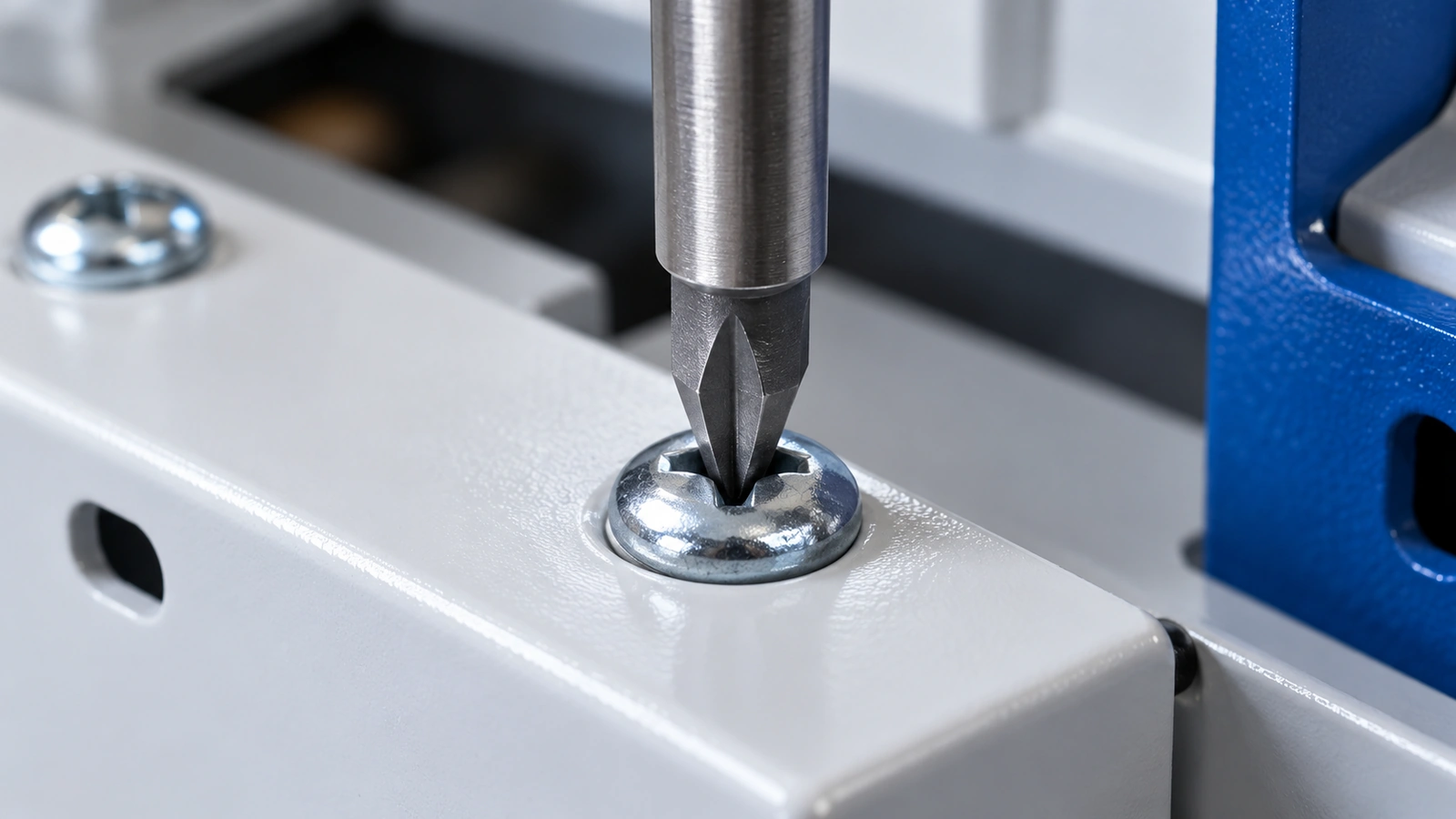 Generic Phillips driver fully seated and axially aligned with a machine screw in a metal panel.
