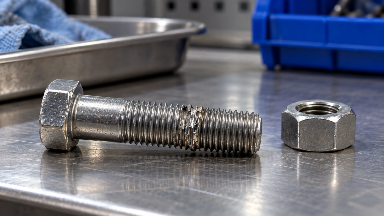 Generic external hex bolt with localized damaged thread crests on an inspection bench after removal.