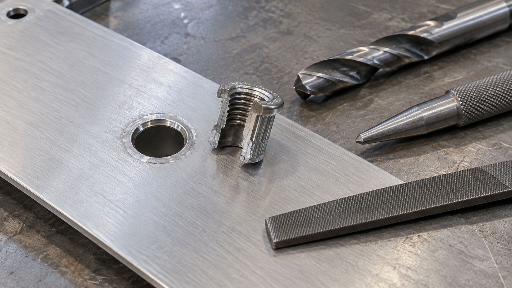 Close-up of a blind rivet nut flange and surrounding sheet metal during a controlled removal assessment.