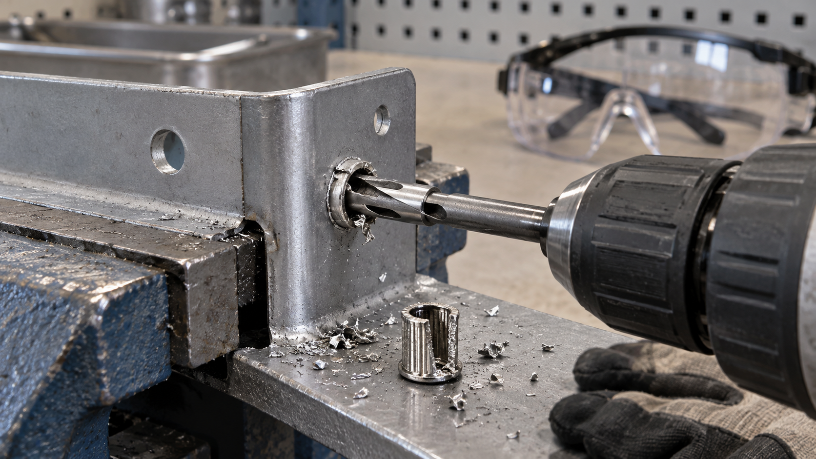 Workshop setup for assessing a blind rivet nut installed in a thin metal panel before removal.