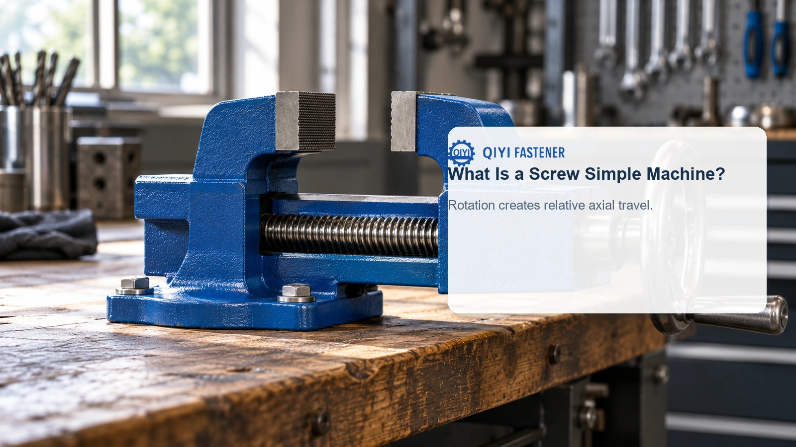 Generic bench vise with an exposed lead screw in a realistic metalworking workshop.
