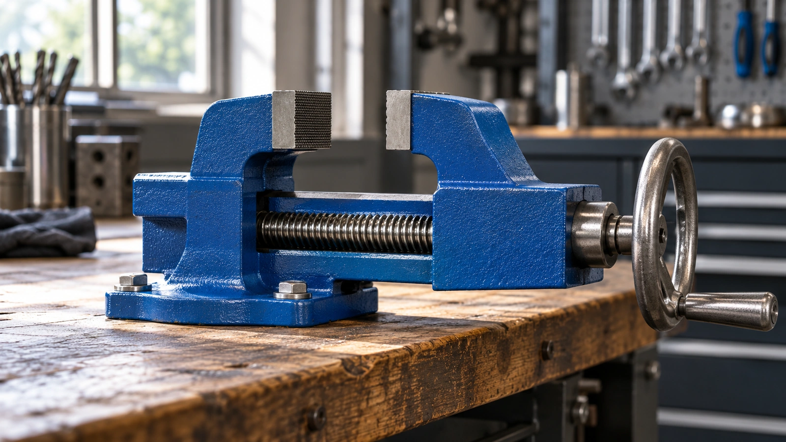 Generic bench vise with an exposed lead screw in a realistic metalworking workshop.