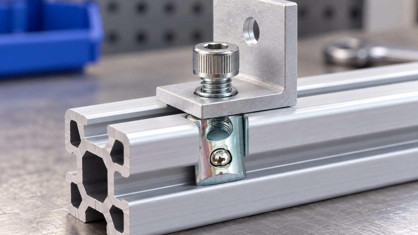 Spring-ball T-nut positioned in a compatible aluminum profile slot for a fixture connection.