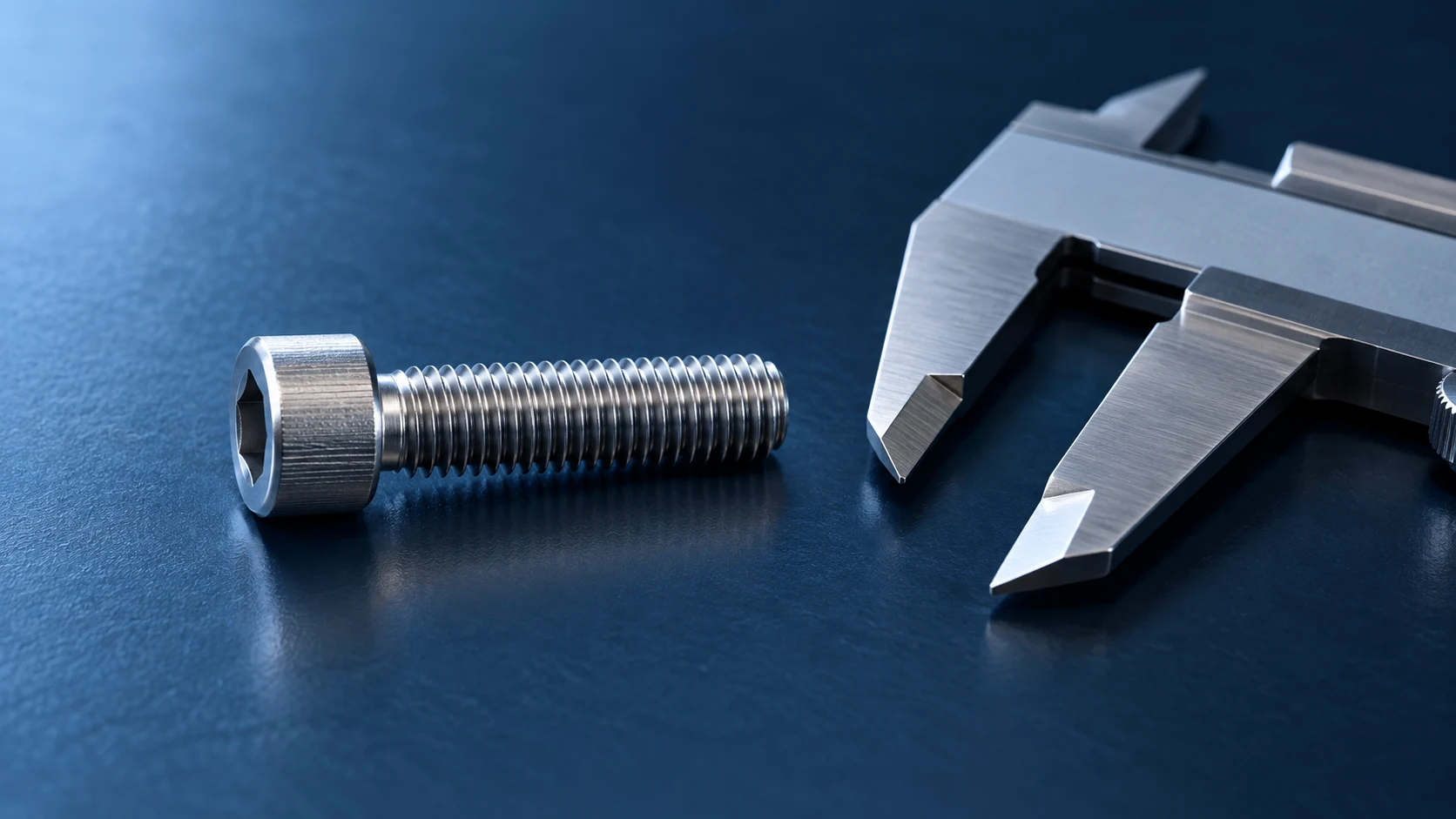 Generic socket cap screw beside an unmarked caliper on a blue inspection bench