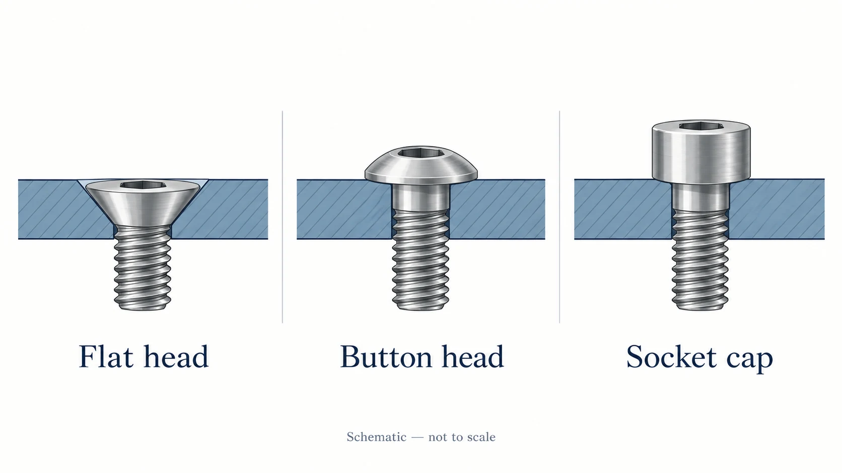Sectional comparison of a flush countersunk flat head, button head and socket cap above a plate