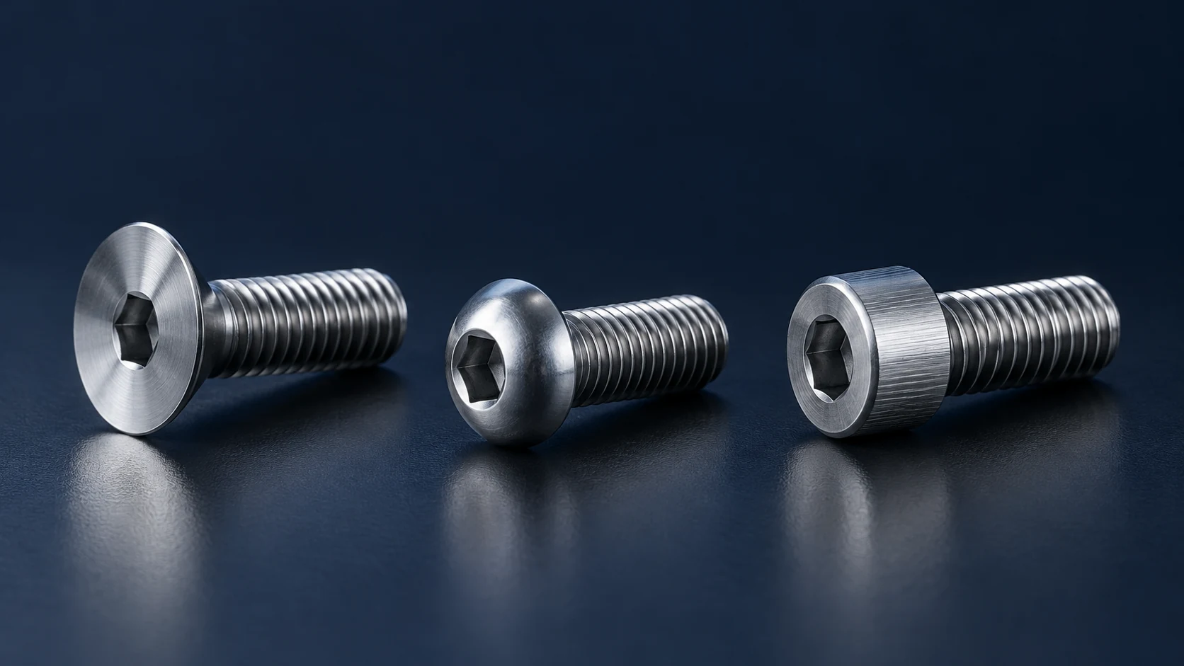 Generic flat, button and socket cap machine screws on a navy surface